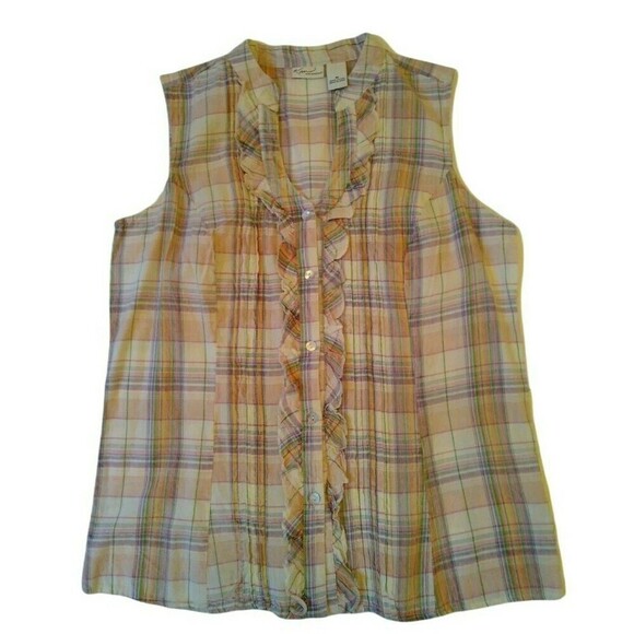 Kim Rogers Button Up Shirt Womens Medium Front Ruffle Sleeveless Plaid - Picture 1 of 5